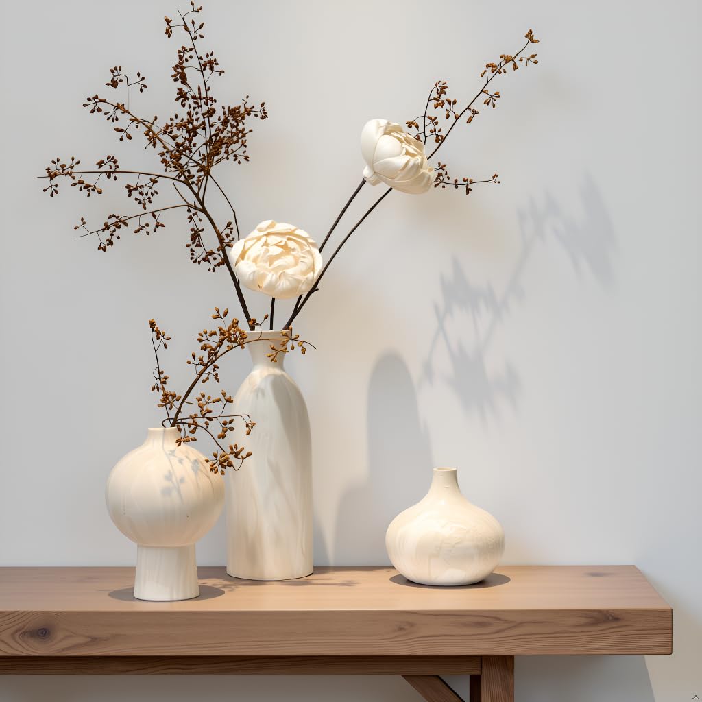 onadu.com Ceramic Vase Set of 3 – White & Beige, Stone-Look Texture