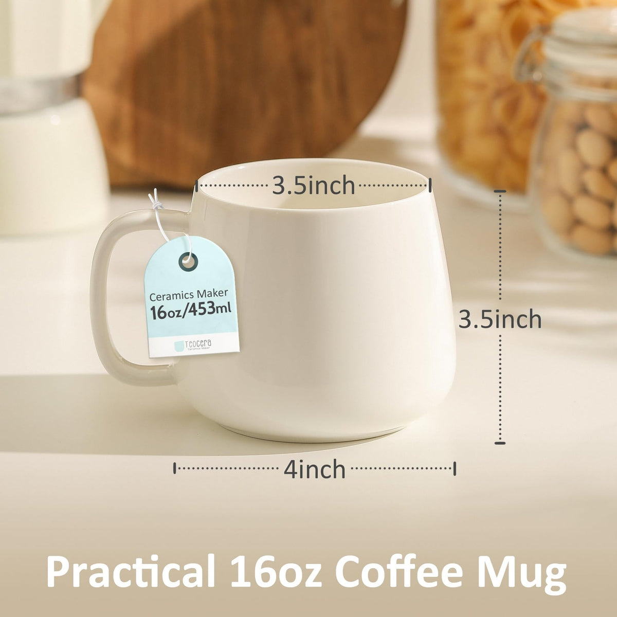 onadu.com 16oz Stackable Ceramic Coffee Mugs – Set of 4, White