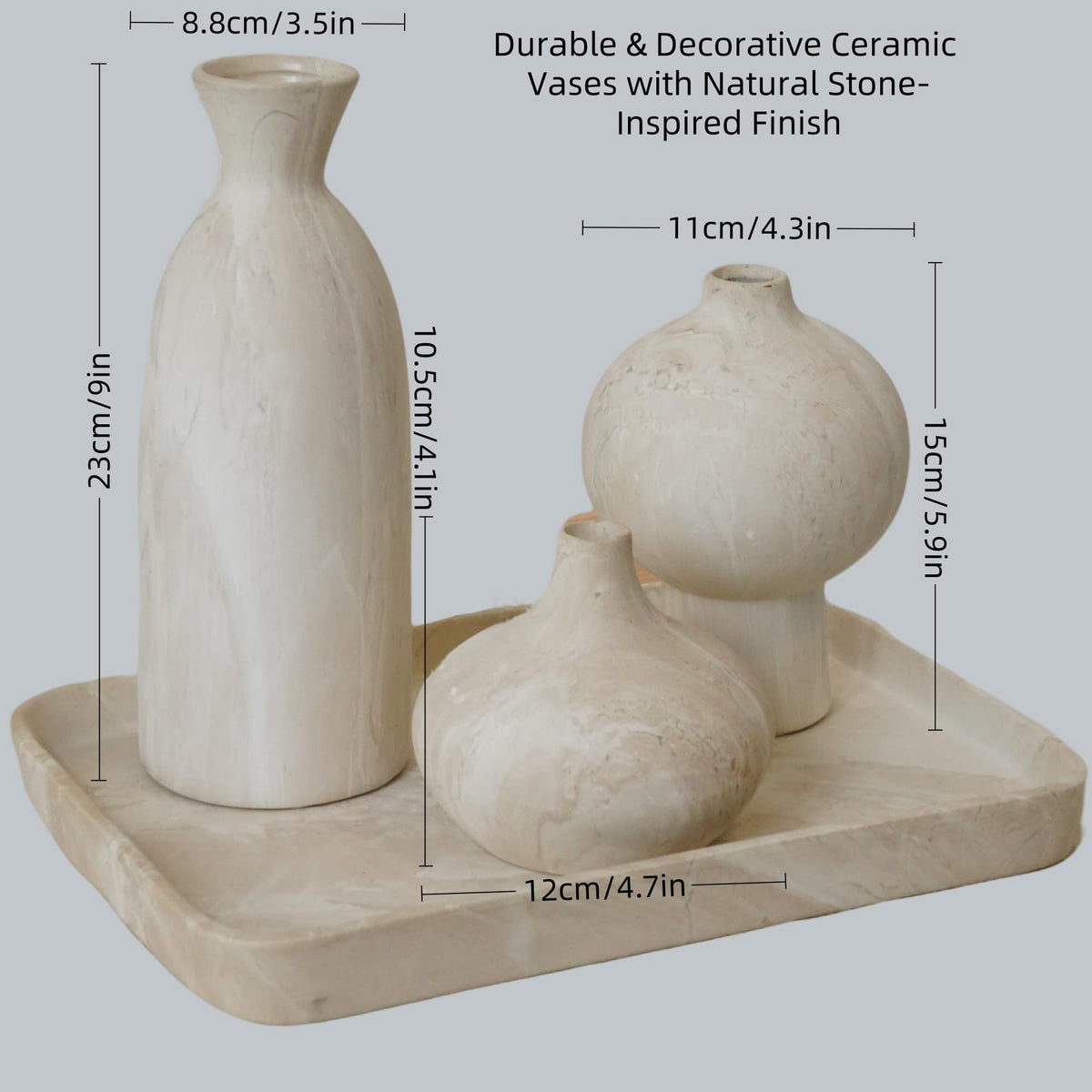 onadu.com Ceramic Vase Set of 3 – White & Beige, Stone-Look Texture