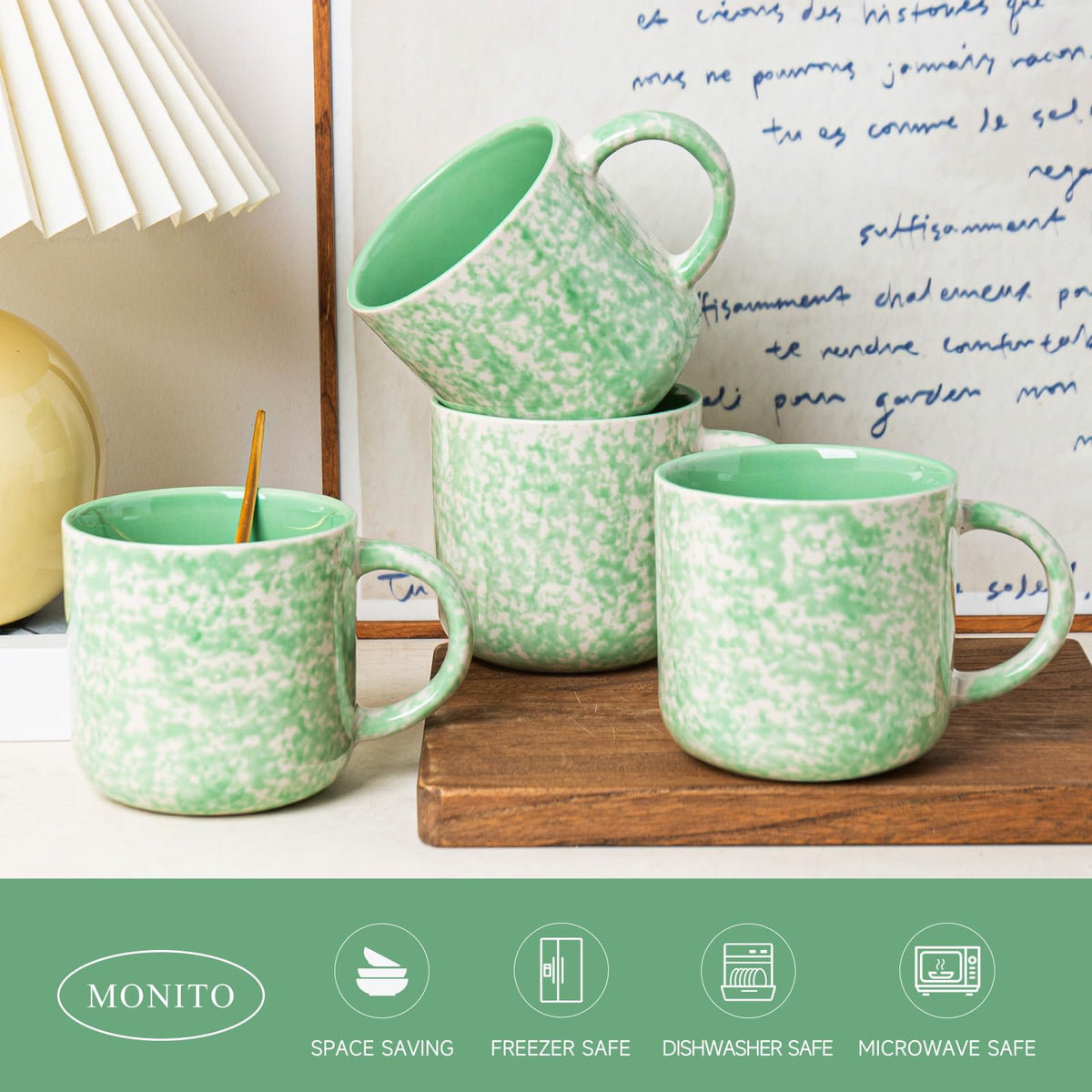 onadu.com 12oz Ceramic Coffee Mugs – Set of 4, Green