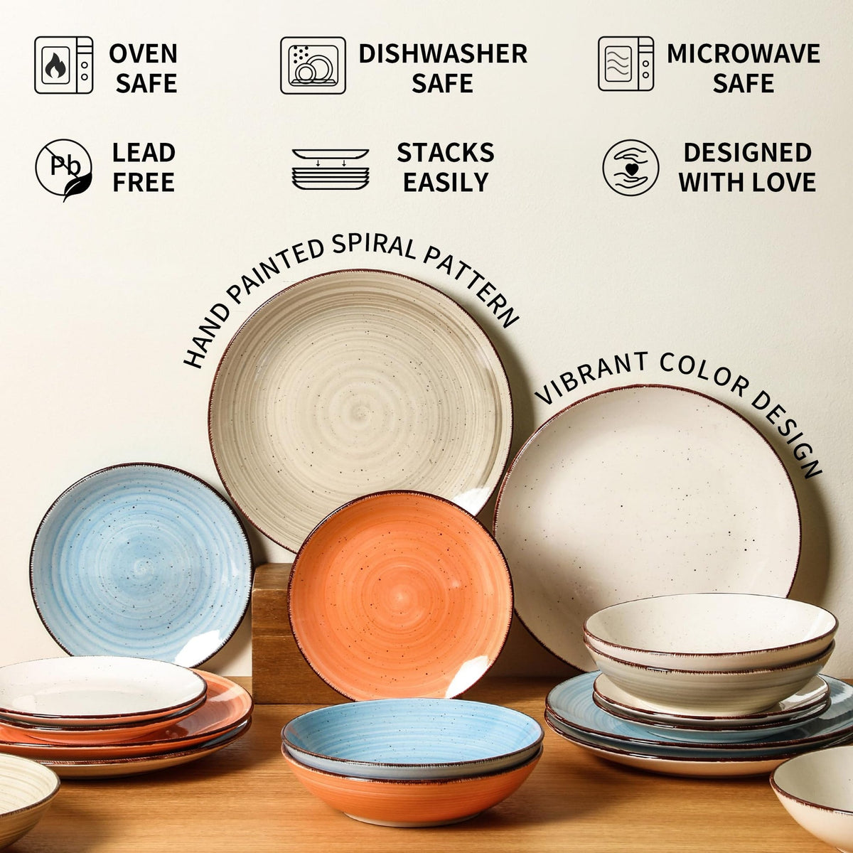 onadu.com Ceramic Dinner Plates – Set of 6, 10.5 Inch, Blue