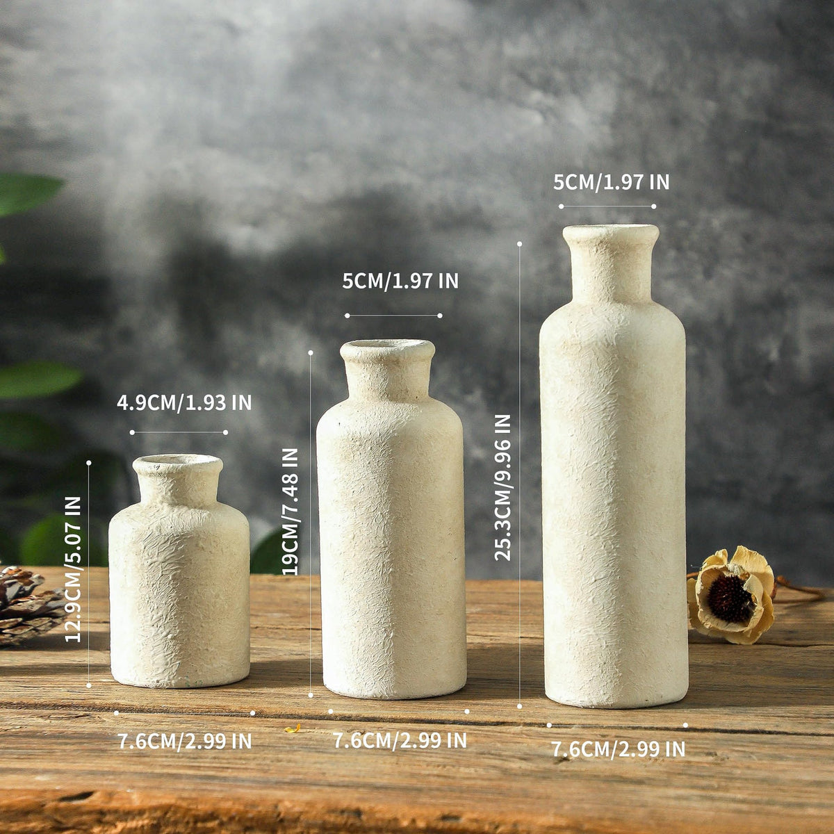 onadu.com Ceramic Vases Set of 3 – Whitewashed Neutral, Farmhouse Decor