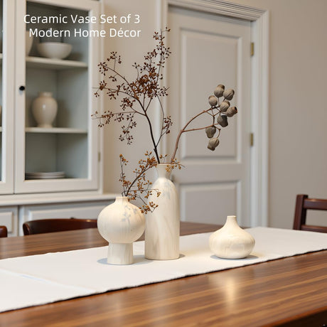 onadu.com Ceramic Vase Set of 3 – White & Beige, Stone-Look Texture