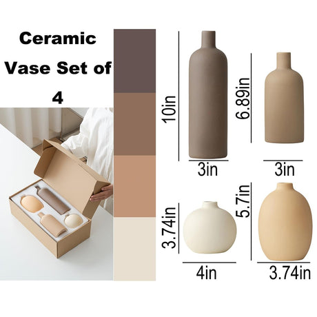onadu.com Modern Ceramic Vase Set of 4 – Neutral Colors, Coffee Mix