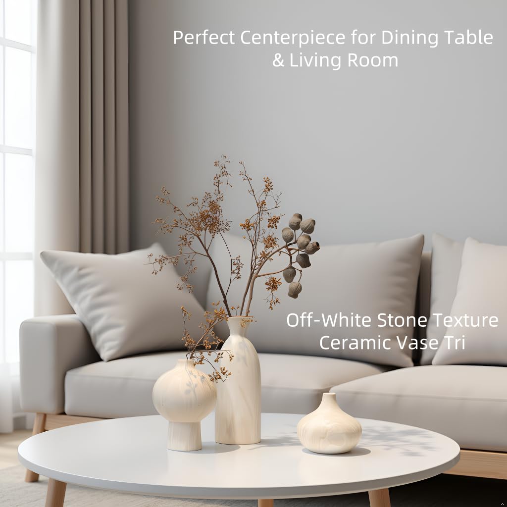 onadu.com Ceramic Vase Set of 3 – White & Beige, Stone-Look Texture