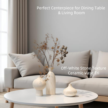 onadu.com Ceramic Vase Set of 3 – White & Beige, Stone-Look Texture