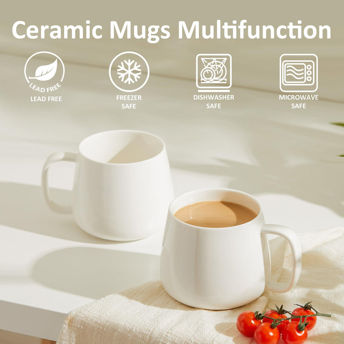onadu.com 16oz Stackable Ceramic Coffee Mugs – Set of 4, White