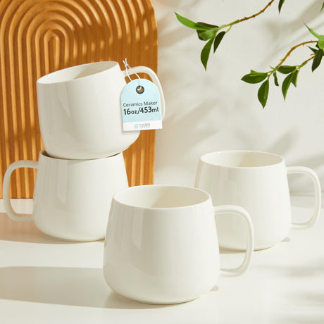 onadu.com 16oz Stackable Ceramic Coffee Mugs – Set of 4, White