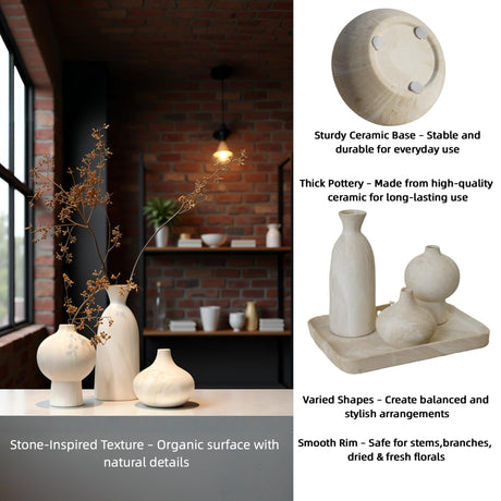 onadu.com Ceramic Vase Set of 3 – White & Beige, Stone-Look Texture
