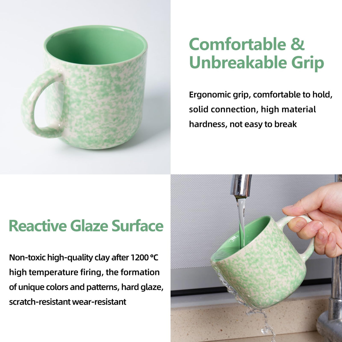 onadu.com 12oz Ceramic Coffee Mugs – Set of 4, Green