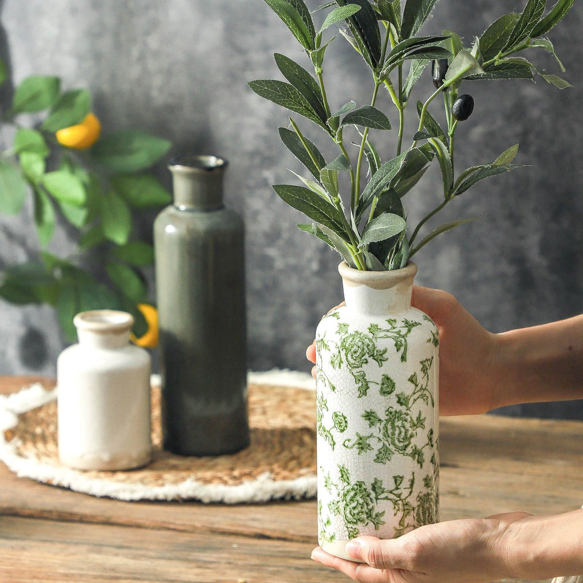 onadu.com Vintage Ceramic Flower Vase Set of 3 – Chinoiserie, Green & Beige
