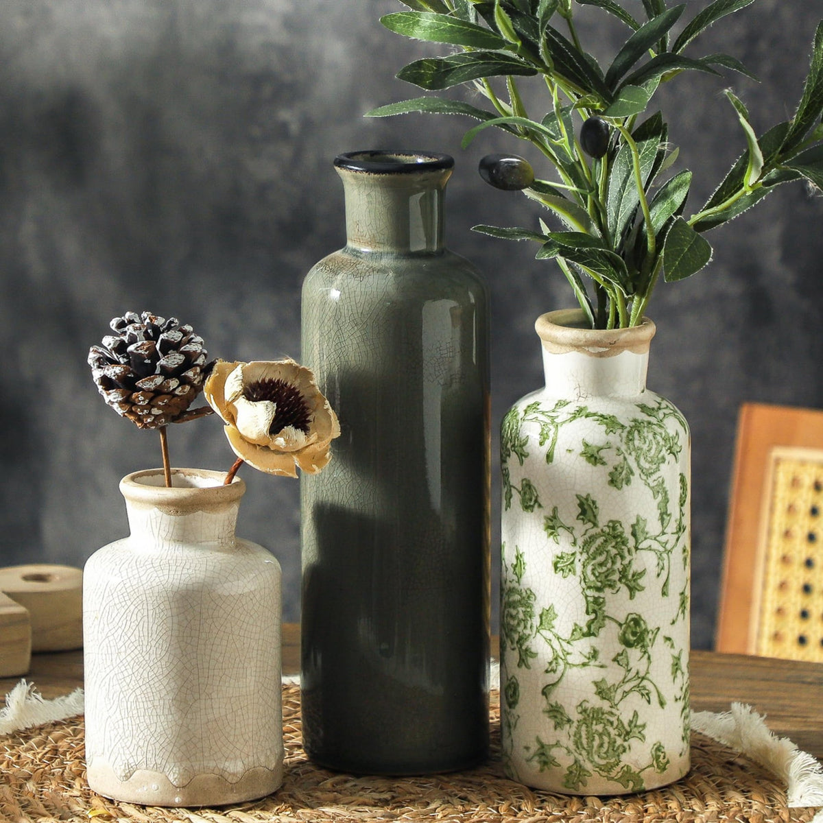 onadu.com Vintage Ceramic Flower Vase Set of 3 – Chinoiserie, Green & Beige