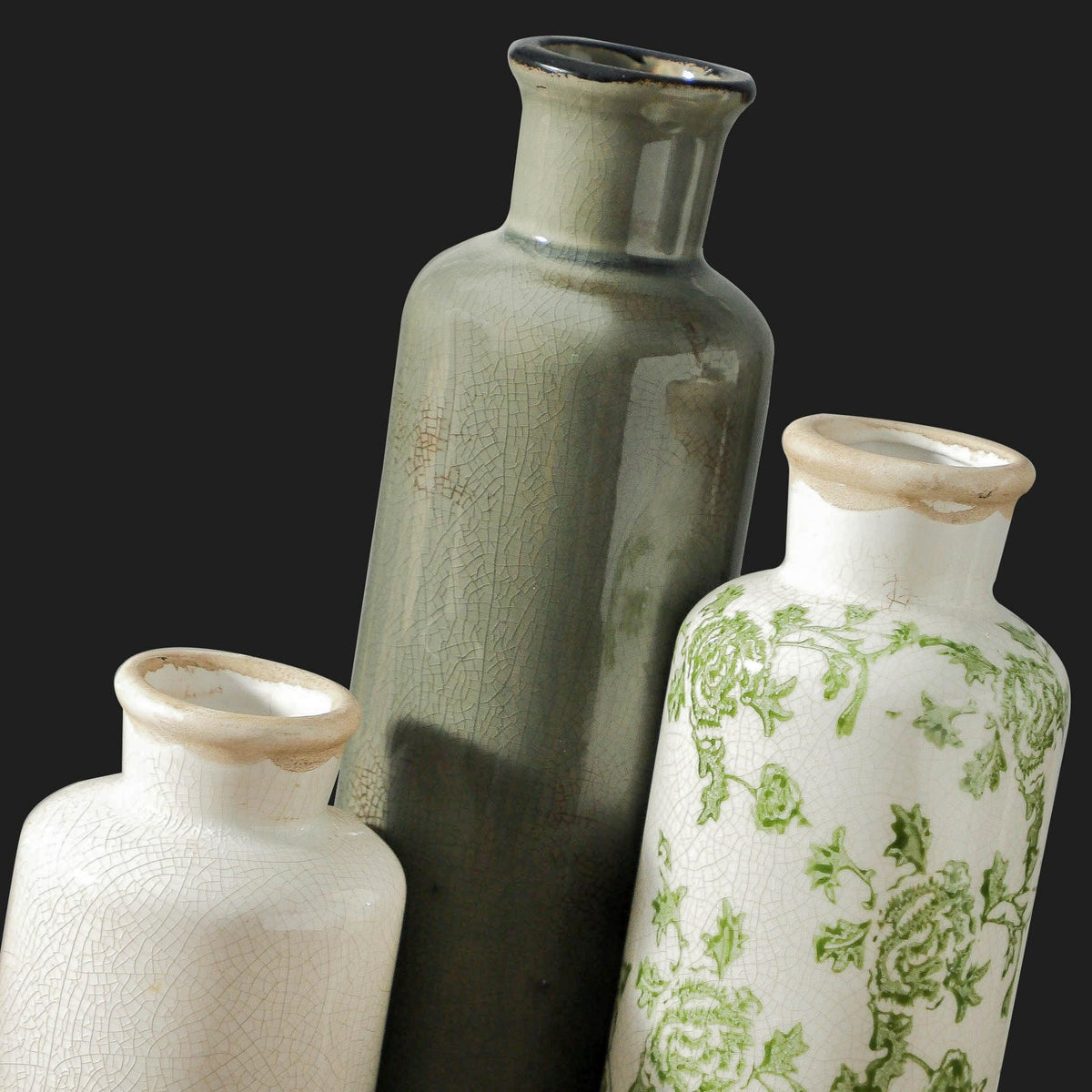 onadu.com Vintage Ceramic Flower Vase Set of 3 – Chinoiserie, Green & Beige