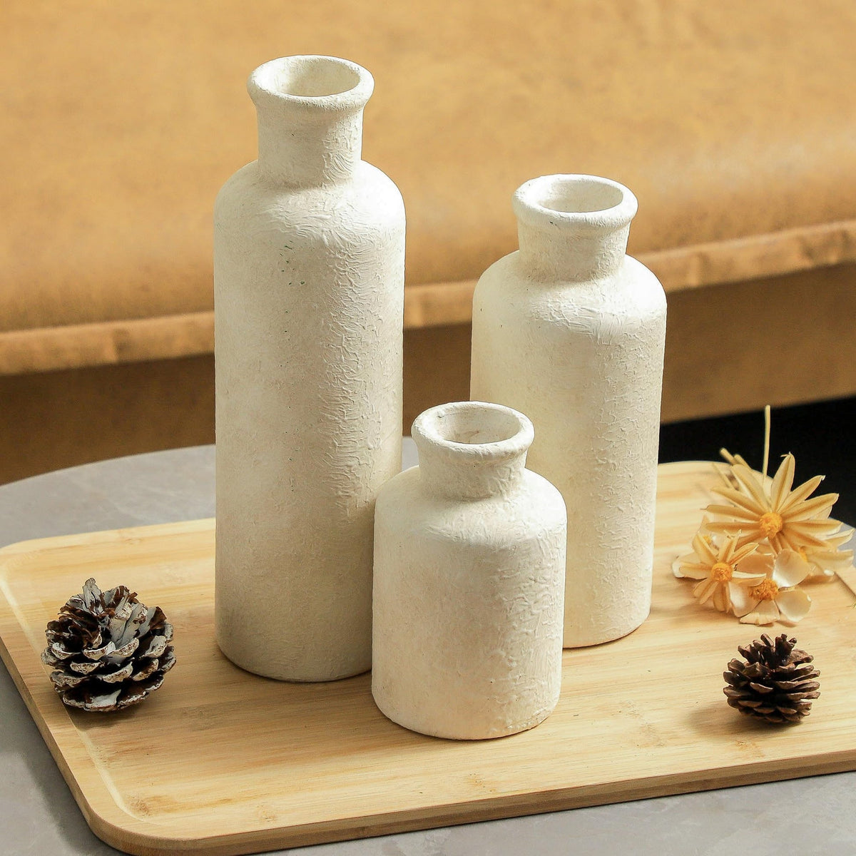 onadu.com Ceramic Vases Set of 3 – Whitewashed Neutral, Farmhouse Decor
