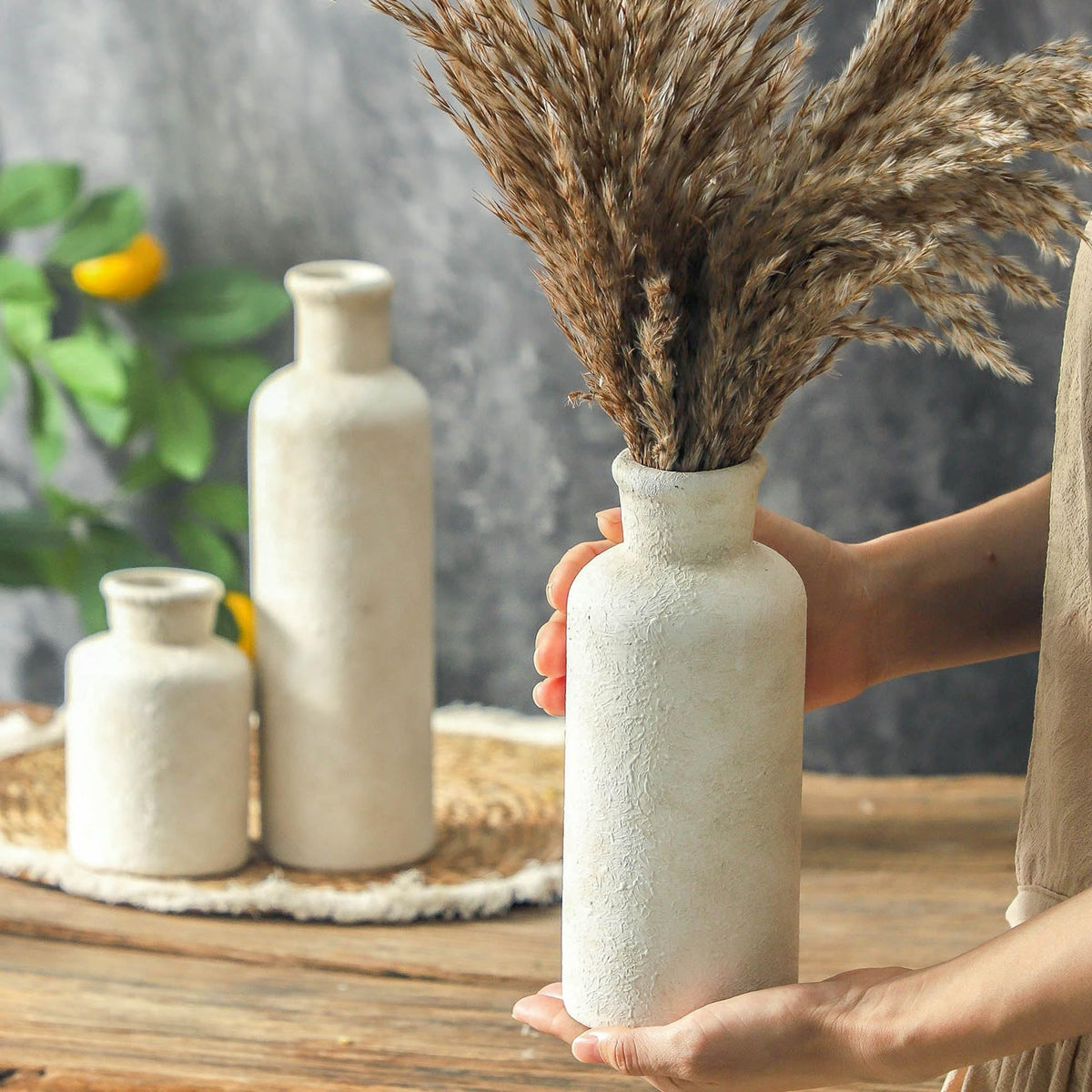 onadu.com Ceramic Vases Set of 3 – Whitewashed Neutral, Farmhouse Decor