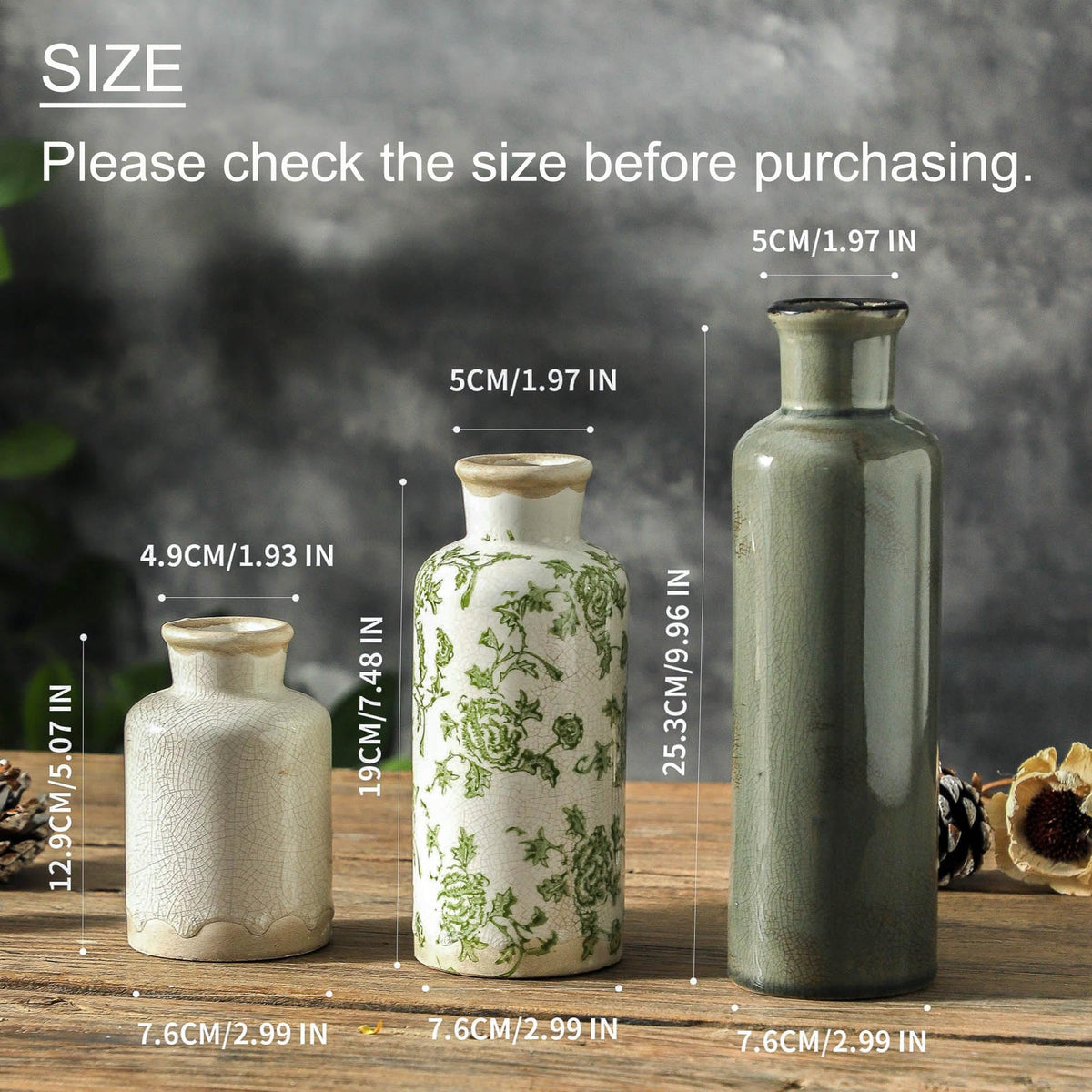 onadu.com Vintage Ceramic Flower Vase Set of 3 – Chinoiserie, Green & Beige