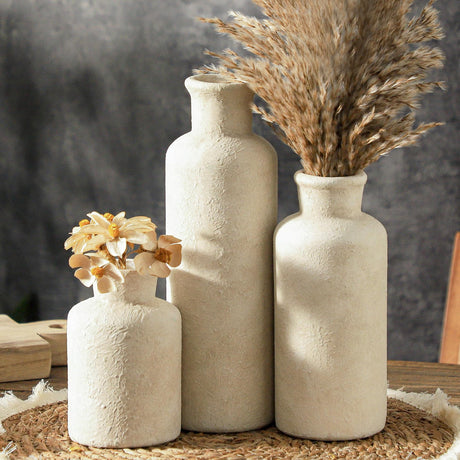 onadu.com Ceramic Vases Set of 3 – Whitewashed Neutral, Farmhouse Decor